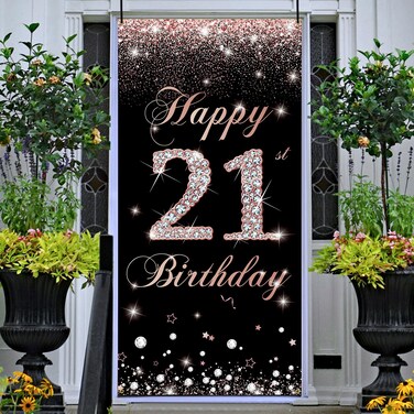 Happy 21st Birthday Door Banner Backdrop Decorations Rose Gold, 21st Birthday Decoration for Her, 21 Year Birthday Party Yard Sign Photo Props Background, Sturdy, Fabric, PHXEY