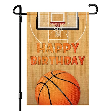 INNORU Basketball Happy Birthday Garden Flag, Boys Girls Adults Birthday Party Yard Sign, Sport Birthday Party Indoor Outdoor Yard Lawn Sign Decor, Burlap Double Sided