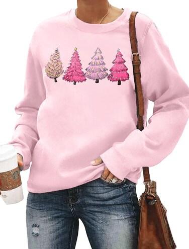 MAIHUN Merry Christmas Sweatshirt Womens Xmas Long Sleeve Shirts Christmas Lights Trees Pullover Tops Pink