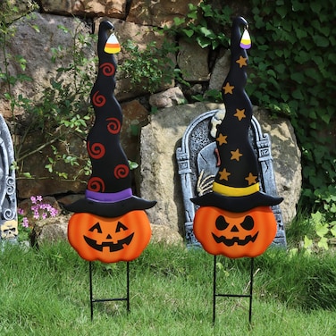 Juegoal 2 Pack Halloween Garden Decorations, Metal Jack o Lantern Outdoor Stakes with Witch Hats, Spooky Garden Yard Signs Lawn Decor, Halloween Pumpkin Art Stake, Halloween Sculpture Ornament