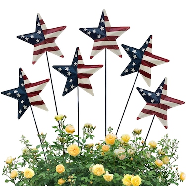 Metal Barn Stars Garden Stake Set of 6, American Flag Yard Sign USA Lawn Decoration Indoor Outdoor Patriotic Decor for July 4th Independence Day Memorial Day Party