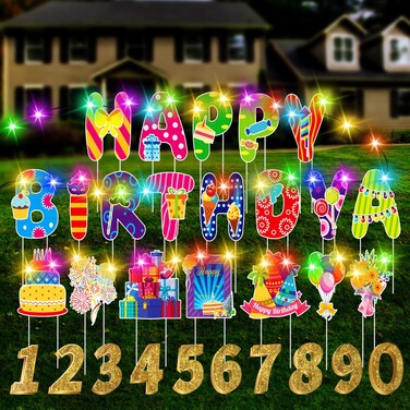 Aoriher 20 Pcs Large Happy Birthday Yard Signs with Stakes, 16 Inch Letters Signs with 2 Pcs 5 Meters Led String Lights and 10 Pcs Number Stickers Waterproof Age Sign for Lawn Decoration(Cake)