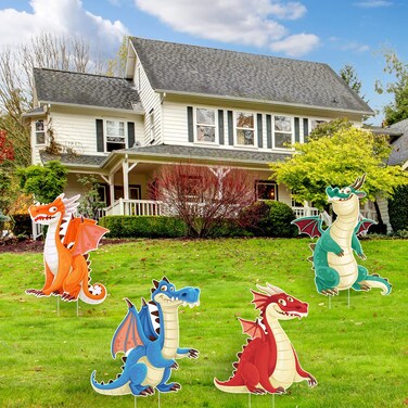 4 Pieces Dragon Party Decorations Dinosaur Birthday Yard Sign Outdoor Yard Decor Cute Cartoon Lawn Signs Supplies Yard Signs with 8 Stakes for Kids Birthday Party Yard Lawn Garden Decorative