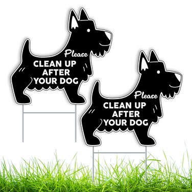 2 PC Clean Up After Your Dog Signs with Metal H-Stake - 11x10 Double Sided Coroplast No Dog Poop Signs for Yard