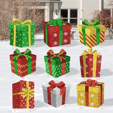 Tiamon 9 Pcs Christmas Decoration Outdoor Yard Sign with Stakes Xmas Lawn Sign Box Sign Decor for Home Outdoor Pathway Walkway Lawn Patio Yard Garden Party Supplies
