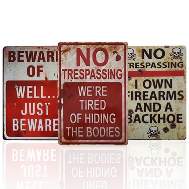 CHAROUP 3 PCS Retro Halloween Decor Indoor&amp;Outdoor Warning Signs No Trespassing We're Tired of Hiding The Bodies 7.9x11.8 inch Funny Metal Signs for Yard Gothic Room Wall Decorations