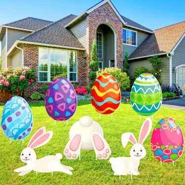 Yookeer 8 Pcs Easter Decorations Outdoor Egg Bunny Yard Signs Outside Easter Decor Rabbits Waterproof Easter Stakes Outdoor Easter Yard Sign Happy Easter Hunt Signs for Easter Yard Lawn Party Decor