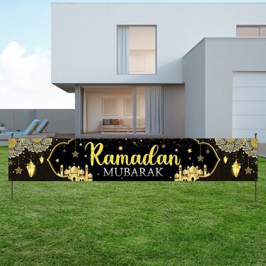 Ramadan Mubarak Banner, Black and Gold Eid Mubarak Yard Sign, Islam Muslim Outdoor Front Garden Decor, Ramadan Party Decoration Supplies, 9.8 x 1.6 ft