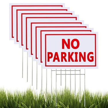 Voittozege 8 Pack No Parking Signs, 8 x 12 Inches Corrugated Plastic Double Sided Sign with Metal H-Stake Plastic Outdoor Signs Waterproof No Parking Signs for Driveways Yard Lawn (White, Red)