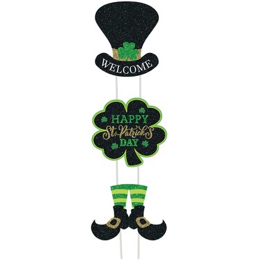 3 Pieces St. Patrick's Day Yard Signs with Stakes, St. Patrick's Day Clover Signs Outdoor Lawn Decorations Irish Leprechaun Horseshoe Shamrock with Happy St Patrick's Day Sign with Stakes