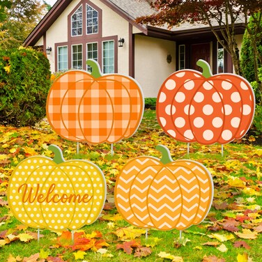 AnyDesign 4Pcs Thanksgiving Large Yard Sign Fall Pumpkin Welcome Lawn Sign With 12Pcs Stakes Pumpkin Patch Autumn Harvest Lawn Decoration for Home Patio Walkway Outdoor Party Supplies, 20 x 23 Inch