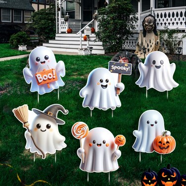DoubleFill 6 Pcs Halloween Ghost Yard Signs Lawn Outdoor Decorations 3D Ghost Yard Stakes for Halloween Home Front Yard Garden Party Supplies