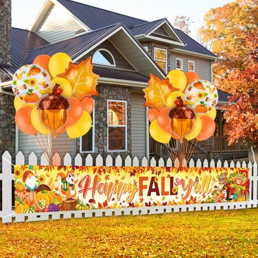 HOWAF Happy Fall Y'all Fence Banner with Fall Party Balloons for Fall Harvest Give Thanks Decoration,Hello Autumn Supplies Yard Sign Banner with Maple Leaves Balloons for Fall Y'all Party Decoration