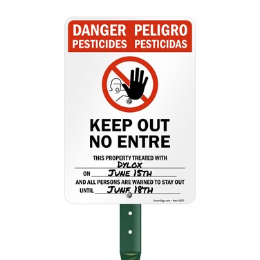 SmartSign 10" x 7" Bilingual 'Danger- Pesticides, Keep Out, Property Treated With&hellip;.' Write-On Yard Sign and 18 inch Stake Kit, 40 mil Laminated Aluminum, Red, Black and White, USA-Made