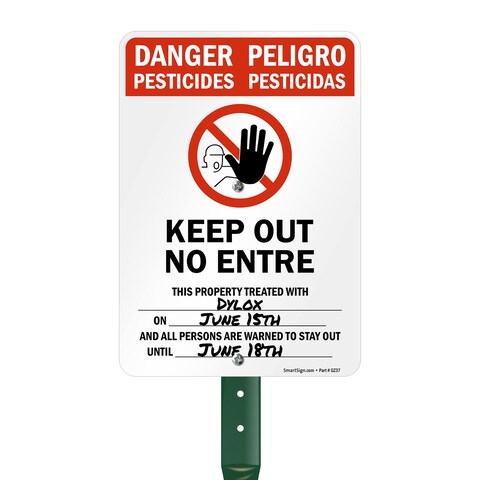 SmartSign 10&quot; x 7&quot; Bilingual &#39;Danger- Pesticides, Keep Out, Property Treated With&hellip;.&#39; Write-On Yard Sign and 18 inch Stake Kit, 40 mil Laminated Aluminum, Red, Black and White, USA-Made