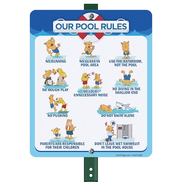 SmartSign 12" x 10" 'Our Pool Rules No Running, No Glass, Use Bathroom, No Noise, No Diving ...' LawnBoss Yard Sign with 3 foot Stake, 40 mil Laminated Rustproof Aluminum, Set of 1, USA-Made