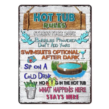 WODORO Funny Hot Tub Rules Metal Tin Sign Wall Plaque 12x16 inches, Pool Poolside Bathroom Decor Outdoors Outside, Backyard Porch Patio Deck Man Cave She Shed Housewarming Gift Decorative Accessories