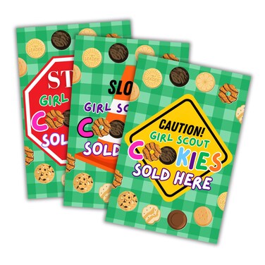 Stop Scout Cookies Sold Here   3 Pack, 12x18&rdquo; Mixed Colors Outdoor Yard Sign Hold Up at Booth Traffic To Buy Girl Cookies Troop Leader and Number Reorder Sales Goal