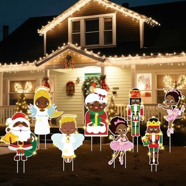 Zhanmai 8 Pcs African American Black Santa Claus Ballet Nutcracker Angel Yard Sign Pre Lit Christmas Decor Outdoor LED Light Stakes Ornament Holiday Cardboard Sign for Yard Lawn Garden