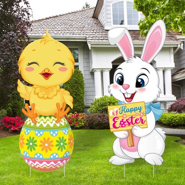 2 Pack Easter Yard Signs Cute Bunnies Chick Outdoor Lawn Decorations Easter Eggs Yard Signs with H Stands for Easter Party Spring Patio Lawn Supplies Lawn Garden Decor, 32.2 x 12.9 Inch