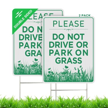 LARREEDE Do Not Drive or Park on Grass Sign with Stake 2 Pack 9""x 12"" Double-Sided No Parking Sign (Green)