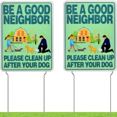 Kichwit 2 Pack Clean Up After Your Dog Sign with Metal Stakes, Double Sided No Dog Poop Sign, 15.7 x 11.8 Inches