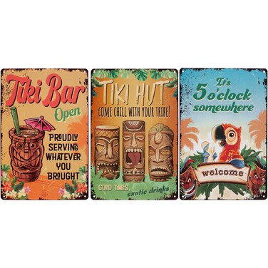 Tiki Bar Sign 3 PC Set, Tiki Bar Decorations Outdoor, Tiki Bar Open, Tiki Hut &amp; It's 5 O'Clock Somewhere Design, 8x12 in, 12 Screws incl, Tiki Decor
