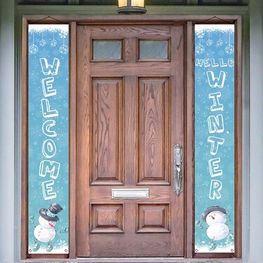 Vohado Welcome Hello Winter Porch Banner Snowman Welcome Porch Sign Christmas Xmas Holiday Snowflake Hanging Banner Flag Front Door Sign Wall Hanging Party Banner Decoration Supplies Polyester 2PCS