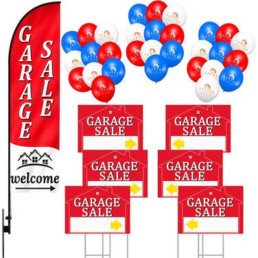 37 PCS Garage Sale Supplies Kit with 1PCS Garage Sale Flag Pole Kit, 30 PCS Balloons and 6PCS Double-Sided Garage Sale Directional Arrows Signs with Stakes