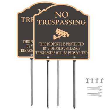 Doninex (2 Pack) Large No Trespassing Sign, Private Property Video Surveillance Signs, Reflective, Aluminum, Metal Stakes Included, Weatherproof Up to 7 Years Outdoor for Yard, 12X12 Inches
