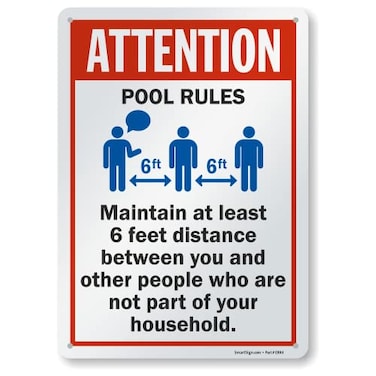 SmartSign 14 x 10 inch &ldquo;Attention - Pool Rules, Maintain At Least 6 Feet Distance&rdquo; Metal Sign, 40 mil Laminated Rustproof Aluminum, Multicolor, Made in USA