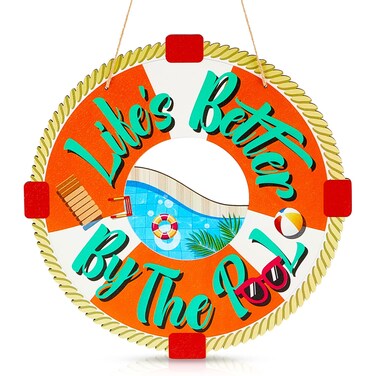 Juexica Life is Better by The Pool Sign Summer Wooden Lifesaver Rings Outdoor Pool Decor Hanging Nautical Pool Sign Wood Beach Life Preserver Ring Wall Decoration for Pool Deck