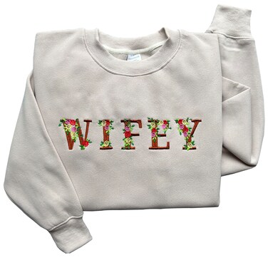 THEKOFS Bride Floral Embroidered Sweatshirt, Wife Sweatshirt, Engagement gift, Bride to be Gift (US, Alpha, Medium, Regular, Regular, Sand)