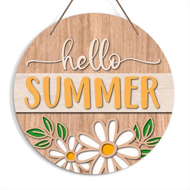 Zmyollo Summer Round Welcome Decorative Sign, Hello Summer Wooden Sign with Rope, Farmhouse Home Garden Patio Porch Wall Art Decor, Summer Gifts for Family Friends and Coworkers, A33