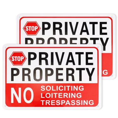 2pcs Private Property No Soliciting Loitering Trespassing Sign, 10x7in Warning Metal Security Signs for Property Weatherproof Private Property Plaque for Indoor Outdoor Home Business Driveway Alert