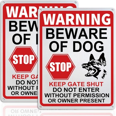 2 Pack Beware of Dog Signs for Fence, 13x10 inch Reflective Aluminum Beware of Dog Sign, Fade Resistant and Waterproof Warning Dog Signs for Garden and Gate