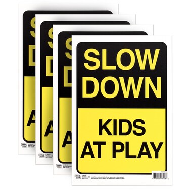 ArtSkills Slow Down Kids at Play Sign, 4-Pack, 12x8 inches - Kids at Play Safety Signs for Street, Durable Styrene Plastic Children at Play Safety Signs