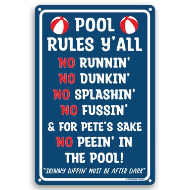 Pool Rules Y'all 12" x 8" Funny Tin Pool Sign