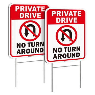 Private Drive Sign, No Turn Around Sign, 2Pack-16" x12" with Metal H-Stakes, Double Sided UV Protected, Weatherproof, Ink Printing, Fade Resistant, Easy to Mount