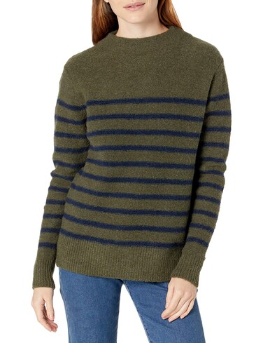 Cable Stitch Women's Striped Mock Neck Cozy Sweater - Soft Long Sleeve Sailor Nautical Style Pullover Knit Top (Medium, Olive)