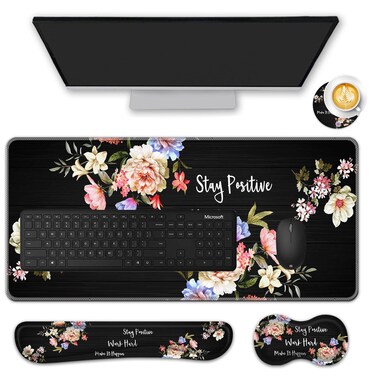 FGDRFGRW Mouse Pad Set,(31.5&times;11.8 in)Desk Pad + Keyboard Wrist Rest Support + Mouse Wrist Rest + Coaster for office,home,computer,laptop,Stay Positive Work Hard and Make It Happen Inspirational Quotes