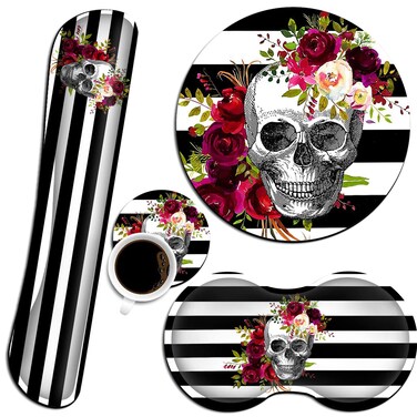 Ergonomic Mouse Pad with Wrist Support Set and Keyboard Wrist Rest Set for Laptop, Mac, Gaming and Office, Durable, Comfortable and Pain Relief + Coaster ，Skull Flower