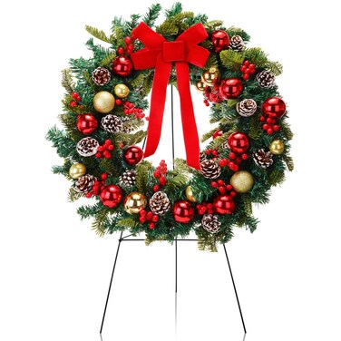 Crowye 24in Christmas Cemetery Wreaths for Graves with 30 Inch Wreath Easel Stand Outdoor Cemetery Wreath Stand Decoration Red Bows Pine Cones Xmas Headstone Wreath for Memorial Ornament Supplies