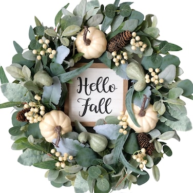 CIR OASES 20inch Fall Wreath Pumpkin Wreath Harvest Wreath Green Leaf Wreath Hello Fall Sign Wreath Front Door Back Door Hallway Decorative Wreath Thanksgiving Harvest Festival Celebration Wreath