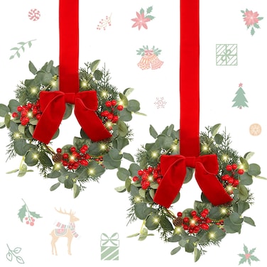 Syhood 2 Pcs 9" Mini Christmas Wreath with Light Red Berry Kitchen Cabinet Wreaths Mini Farmhouse Wreath with Red Velvet Bow for Christmas Porch Wall Window Decor