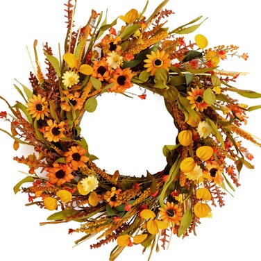 idyllic 20 Inches Harvest Wreath - Yellow &amp; Orange Daisies, Ear of Wheat, Green Leaves - Fall Wreaths for Front Door Outside, Autumn Wreaths for Front Door, Fall Decor
