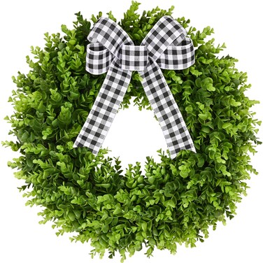 Vlorart 24" Faux Round Boxwood Wreath, Artificial Boxwood Wreath Front Door Wreaths Artificial Spring Summer Greenery Hanging with A Plaid Bow and sash for Front Door Wall Hanging Window Wedding Decor