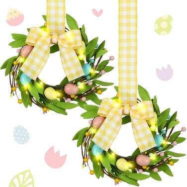 Syhood 2 Pieces 9" Mini Easter Wreath with Lights Easter Wreaths for Front Door Decorative Eggs Wreath Farmhouse Kitchen Cabinet Wreaths with Ribbon for Porch Wall Window Decor