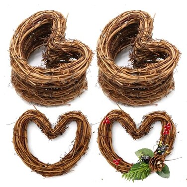 10 Pack DIY Crafts Natural Grapevine Heart Wreaths, Christmas Tree Decoration, 4 Inch Natural Grapevine Wreaths Heart Wreath Ring Grapevine Rattan Vine Branch Wreath for DIY Crafts Decor