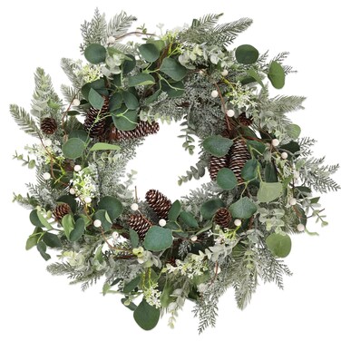 24" Christmas Wreath with Pine Cones White Berries, Winter Eucalyptus Artificial Faux Evergreen Wreath Greenery Decoration for Front Door Window Home Wall Farmhouse Holiday Outdoor Indoor D&eacute;cor